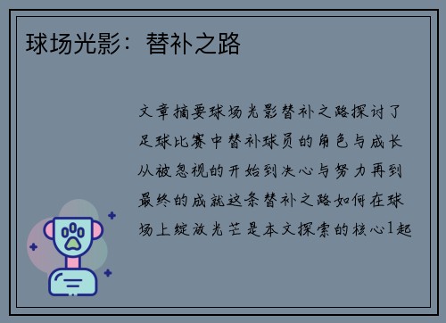 球场光影：替补之路