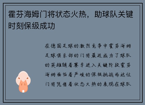 霍芬海姆门将状态火热，助球队关键时刻保级成功